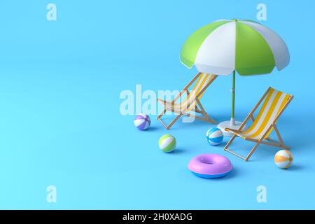 Sedia da spiaggia con ombrello e pallina da spiaggia su sfondo blu. Foto Stock