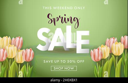 Vendita di primavera in verde con tulipani rosa e giallo Illustrazione Vettoriale