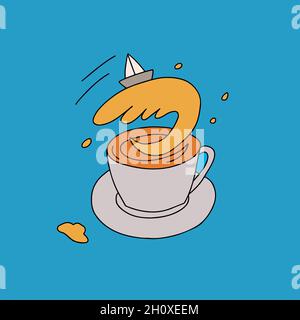 Tempesta in un teacup. Idioma metaforico. Teacup, onda e nave. Illustrazione Vettoriale