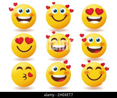 Emoji valentines inlove emoticon vettore set. Le emoticon amano i personaggi nelle espressioni facciali sorridenti arrossenti e bacianti isolate su sfondo bianco. Illustrazione Vettoriale