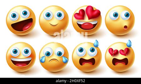 Set vettore di caratteri emoji. Emojis character cute faces collection in giallo icona isolata su sfondo bianco per emoticon viso espressioni grafiche. Illustrazione Vettoriale