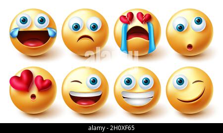 Set vettore di caratteri emoji. Emoticon grafica 3d design in divertente, carino e triste rotto viso emozioni per emoji espressione icona carattere. Illustrazione Vettoriale