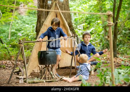 Bei bambini, fratelli, campeggio nella foresta, camino e tenda Foto Stock