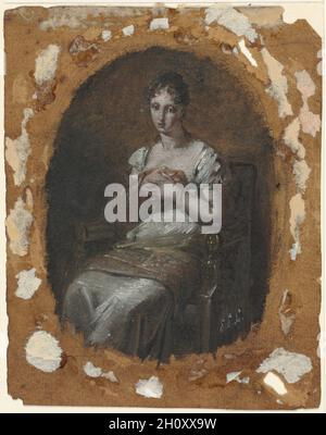 Giovane donna seduta, ultimo quarto del XVIII secolo o al primo quarto del XIX secolo. Pierre-Paul Prud'hon (Francese, 1758-1823). Olio; linee di delimitazione in grafite; foglio: 16,9 x 13,3 cm (6 5/8 x 5 1/4 in.); immagine: 13,4 x 9,7 cm (5 1/4 x 3 13/16 in.). Foto Stock