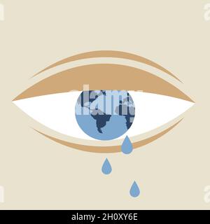 Un occhio è concettualizzato come pianeta terra che getta lacrime.illustrazione concettuale per il riscaldamento globale Illustrazione Vettoriale