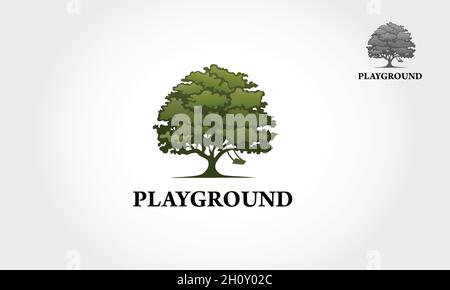 Modello di logo Vector per il parco giochi. Albero con un bambino giocare l'altalena sotto l'albero, questo logo simboleggia una protezione, pace, tranquillità, crescita, e auto. Illustrazione Vettoriale