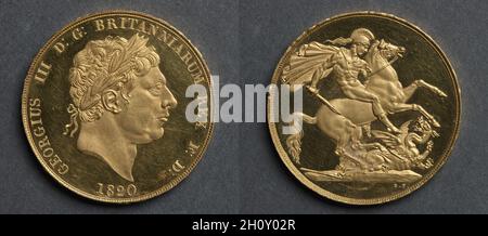 Due pezzi di sterlina: George III (obverse); San Giorgio e il Drago (reverse), 1820. Disegno di dopo Benedetto Pistrucci (1784-1855). Oro; diametro: 2.9 cm (1/8 poll.). I pezzi da cinque e due libbre colpiti per Giorgio III sono stati colpiti solo come modelli in questo, l'ultimo anno del suo regno. Non sono stati messi in circolazione pezzi di nessuna delle due denominazioni. Questo pezzo molto raro mostra San Giorgio di Pistrucci come modificato da Wyon. Nell'originale la lancia è rotta; qui la lancia a è stata convertita da Wyon in una spada, ed è apparsa così nel futuro conio. Più tardi, in questioni valutarie, il s Foto Stock
