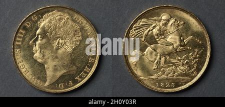 Due pezzi di sterlina: George IV (obverse); San Giorgio e il Drago (reverse), 1823. Dopo Benedetto Pistrucci (italiano, 1784-1855), su disegno di Francis Legatt Chantrey (inglese, 1781-1841), Jean Baptiste Merlen (francese, 1769-1850). Oro; diametro: 4.5 cm (3/4 poll.). Durante il regno di re Giorgio IV, due pezzi da libbra furono colpiti per la circolazione solo nel 1823. I pezzi del modello sono apparsi nel 1824, 1825 e 1826. Il re era così disgustato dalla caricatura di un ritratto che Pistrucci pose sulle prime monete del regno che all'artista fu ordinato di modellare una nuova oblazione da un busto da parte del Foto Stock