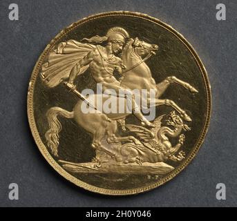 Due pezzi di sterlina: San Giorgio e il Drago (inverso), 1820. Disegno di dopo Benedetto Pistrucci (1784-1855). Oro; diametro: 2.9 cm (1/8 poll.). Foto Stock