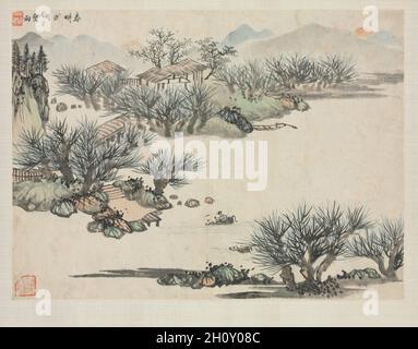 Album paesaggio in vari stili: Aratura primaverile, 1684. Zha Shibiao (cinese, 1615-1698). Copertina album, inchiostro e colore chiaro su carta; totale: 29.9 x 39.4 cm (11 3/4 x 15 1/2 pollici). Foto Stock