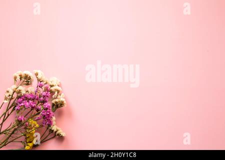 Composizione del fiore. Telaio fatto di fiori secchi multicolore. Disposizione piatta, vista dall'alto con posizione per il testo. Foto Stock