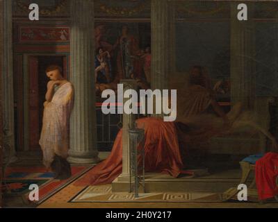 Antiochus e Stratonice, c.. 1838. Jean-Auguste-Dominique Ingres (francese, 1780-1867). Olio su lino; incorniciato: 74.5 x 91.5 x 11 cm (29 5/16 x 36 x 4 5/16 poll.); senza cornice: 48.1 x 63.9 cm (18 15/16 x 25 3/16 poll.). Colpito da una malattia misteriosa, Antioco si trova a letto vicino alla morte. Il suo padre addolente, che ha recentemente preso Stratonice come sua moglie, chiama un medico. Notando che la vista della giovane donna accelera il polso di Antioco e che la passione provoca la sua malattia, il medico descrive la situazione del giovane al padre, che offre altruisticamente Stratonice al figlio. Il soggetto, sia un amore s Foto Stock