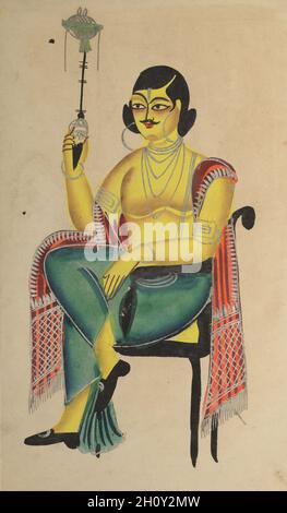 Inglese Babu (Clerk indiano nativo) Holding a Hookah, c. 1890. India orientale, Bengala, Kolkata, Kalighat. Acquerello, grafite, inchiostro e stagno su carta; supporto secondario: 48 x 29.5 cm (18 7/8 x 11 5/8 poll.); solo verniciatura: 45.7 x 28 cm (18 x 11 poll.). Si tratta di una caricatura satirica archetipica di un chierico indiano nativo (babu), una dandy bengalese di dapper il cui senso di moda combina la morale britannica e indiana con risultati dissonanti. Imitando i suoi maestri britannici, si siede a gambe incrociate su una sedia vittoriana, tenendo una felpa con cappuccio, indossando un acconciatura Prince Albert e indossando scarpe con fibbie europee. Il suo postur Foto Stock