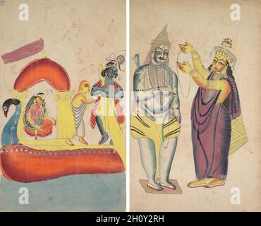 Krishna ferrying Radha attraverso il fiume Yamuna (recto); Parivati che mette una Garland di nozze su Shiva (verso), c.. 1890. India orientale, Bengala, Kolkata, Kalighat. Acquerello, grafite, inchiostro e stagno su carta; supporto secondario: 48.5 x 29.3 cm (19 1/8 x 11 9/16 poll.). Questa immagine è tratta da drammi popolari dove Krishna, amante delle cowgirls (gopis), si traveste come un boatman per ferry un demure Radha, il suo gopi preferito. Raffigura la devozione e l'intensità degli amanti separati. Foto Stock