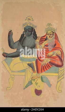 Vishnu e Lakshmi, c.. 1890. India orientale, Bengala, Kolkata, Kalighat. Acquerello, grafite, inchiostro e stagno su carta; supporto secondario: 47.8 x 29.1 cm (18 13/16 x 11 7/16 poll.); solo verniciatura: 45.6 x 27.7 cm (17 15/16 x 10 7/8 poll.). Vishnu nella sua forma a quattro armi è raffigurato seduto con il suo consorte Lakshmi (dea della ricchezza) mentre il suo veicolo, l'aquila, si inginocchia davanti a lui. Foto Stock