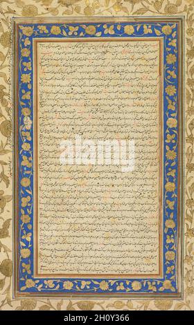 Un Folio illuminato dal manoscritto reale del Farhang-i Jahangiri (recto), 1607–8. Mughal India, corte di Jahangir (1605-1627). Inchiostro, acquerello opaco e oro su carta (bordo blu); pagina: 33.7 x 21.9 cm (13 1/4 x 8 5/8 pollici); campo di testo: 21.2 x 11 cm (8 3/8 x 4 5/16 pollici). Farhang-e Jah?ng?r?, uno dei dizionari più completi e autorevoli della lingua persiana, è stato compilato da Mir Jamal al-DIN Husayn Inju. Ci sono voluti dodici anni per compilare oltre 9,000 parole con definizioni ed esempi di versi di poeti persiani. Nacque a Shiraz, in Iran, ma visse la maggior parte della sua vita Foto Stock