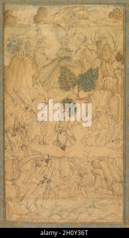 Un principe che visita un uomo santo in un paesaggio roccioso, c.. 1590. India, Mughal Court, 16 ° secolo. Acquerello opaco su carta; pagina: 34 x 20.7 cm (13 3/8 x 8 1/8 pollici); pittura: 18.4 x 10.1 cm (7 1/4 x 4 pollici). Un tema ricorrente nell'arte dell'India è il rapporto tra i governanti e i praticanti religiosi che si credevano controllare le forze soprannaturali che avrebbero assistito al successo del governo e della guerra. Un principe è venuto alla dimora di un derviscio mistico sufi, che siede con due accoliti di fronte ad una grotta rocciosa che può essere la sua dimora. Il derviscio sembra benedire il principe e il wea Foto Stock