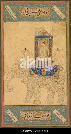 Un principe che guida un elefante composito, c. 1590. India, Golconda, Deccan, XVI secolo. Inchiostro, acquerello opaco e oro su carta; pagina: 28.8 x 18.6 cm (11 5/16 x 7 5/16 pollici); pittura: 14.5 x 11 cm (5 11/16 x 4 5/16 pollici). Un principe si siede a gambe incrociate in un sedile coperto di uludah fissato alla parte posteriore di un elefante reale con anelli dorati sulle sue zampe. L'elefante è guidato da assistenti, uno dei quali tiene una capra. Gli artisti della regione dell'India meridionale, nota come il Deccan, si sono ampliati sulle pratiche persiane di incorporare creature in scene paesaggistiche, come un doppio entendre visivo, e hanno creato inventiva Foto Stock