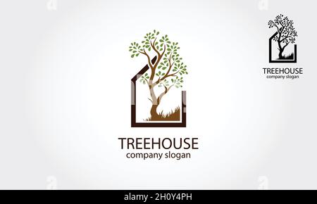 Illustrazione del logo del vettore Tree House. Semplice logo concetto con casa e albero. Ottimo logo per giardino, decorazione, paesaggistica, botanica e così via Illustrazione Vettoriale