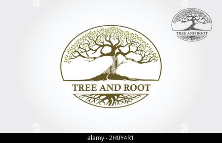 Illustrazione del logo del vettore ad albero e radice. Silhouette vettoriale di un albero. Illustrazione Vettoriale