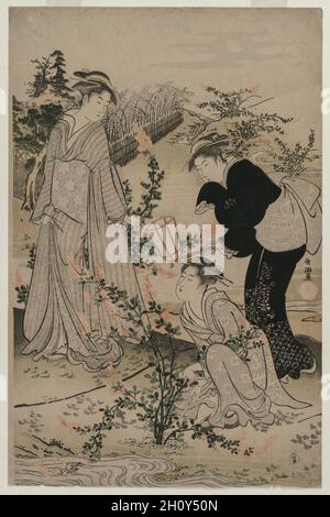 Donne che tagliano rami di Bush Clover; il fiume Noji Tama nella provincia di Omi, da una serie senza titolo dei sei fiumi Tama, fine 1780. Kubo Shunman (giapponese, 1757-1820). Stampa a blocchi di legno a colori; foglio: 38.6 x 25.8 cm (15 3/16 x 10 3/16 pollici). Foto Stock