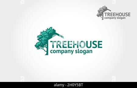 Modello di logo Tree House. Questo Logo è un logo illustrativo per le attività relative alla tutela ambientale. È ideale per i siti Web e il design è stampato. Illustrazione Vettoriale