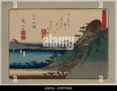 Sera Bell al Tempio di Mii, dalla serie otto viste della Provincia di Omi, fine 1830 o inizio 1840. Utagawa Hiroshige (giapponese, 1797-1858). Stampa a blocchi di legno a colori; foglio: 15 x 21 cm (5 7/8 x 8 1/4 pollici). Foto Stock