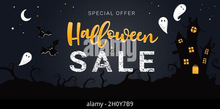 Halloween disegno a mano vendita disegno, divertente sfondo con decorazione, grande per banner, voucher, sfondi, promozioni - vettoriale design Illustrazione Vettoriale