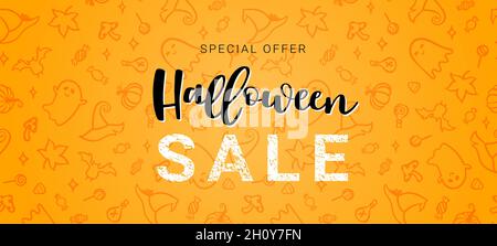 Halloween disegno a mano vendita disegno, divertente sfondo con decorazione, grande per banner, voucher, sfondi, promozioni - vettoriale design Illustrazione Vettoriale