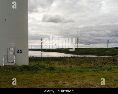 Guardando verso ovest da vicino a turbine 43 sul parco a vento Whitelees vicino a Eaglesham, Scozia, Regno Unito. Foto Stock