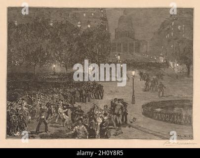 Bois du Monde: Les guai du quartier Latin, 1882. Auguste Louis Lepère (Francese, 1849-1918), pubblicata in Le Monde Illustree, 10 giugno 1882, e più tardi rilasciato come stampa firmata nel portafoglio delux Bois du Monde. Incisione su legno; foglio: 32.1 x 47 cm (12 5/8 x 18 1/2 in.); immagine: 15,6 x 22,1 cm (6 1/8 x 8 11/16 in.). Foto Stock