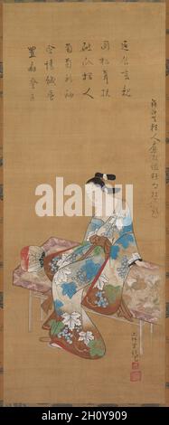 Courtesan seduto su una panca godendo la serata fresco in estate, 1615-1868. Kamigaki Hōryū (giapponese, date sconosciute). Rotolo, inchiostro e colore appesi su seta; totale: 78 x 31.6 cm (30 11/16 x 12 7/16 poll.). In una posa tendente con il mento appoggiato in mano, un cortigiano è seduto su una panca di legno che si estende diagonalmente attraverso la metà inferiore del rotolo. Il suo abito aperto suggerisce che si tratta di una calda serata, forse tarda estate o prima caduta, come indicato dal modello di vite sul suo kimono. I motivi floreali nella composizione si abbelliscono alle stagioni: La prugne sul ventilatore per la primavera; gra Foto Stock