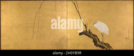 Heron su un ramo di Willow, fine del 1700. Maruyama Ōkyo (giapponese, 1733-1795). Schermo pieghevole a due pannelli; inchiostro, colore, lacca e oro su seta; immagine: 69.4 x 185 cm (27 5/16 x 72 13/16 pollici). OKYO fu il pittore e insegnante più influente del suo tempo a Kyoto. La sua padronanza del pennello e dell'inchiostro trovò espressione in una varietà di soggetti cinesi e giapponesi, stili di pittura e formati. Questa raffigurazione di un airone su un ramo salice viene eseguita in un classico stile di pittura giapponese (yamato-e), utilizzando aree piatte di pigmenti colorati posti su uno sfondo esteso con poca o nessuna profondità spaziale. Foto Stock