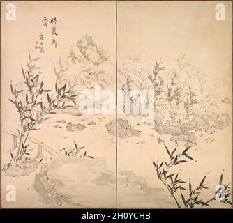 Bambù in bel tempo dopo la pioggia, metà del 1700. IKE Taiga (giapponese, 1723-1776). Schermo pieghevole a due pannelli; inchiostro su carta; immagine: 163.2 x 182.6 cm (64 1/4 x 71 7/8 pollici). Come dimostra questo duplice byøbu, Taiga è tra i pittori più creativi del periodo Edo. Da pura industria e con talento incondizionato, in tre decenni e mezzo ha prodotto un'oeuvre superiore a mille composizioni, in vari formati. Pur essendo rimasto inutilizzato da un'educazione tradizionale nella letteratura classica e nella filosofia della civiltà cinese, ha comunque gravitato verso temi standard. Lui wa Foto Stock