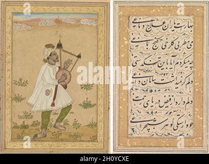 Un africano Lyra Player (recto); calligrafia (verso), c. 1640-1660. India, Deccan, xvii secolo. Inchiostro, acquerello opaco e oro su carta (recto); inchiostro su carta, sei linee di Persiano di poesia (verso); Foto Stock