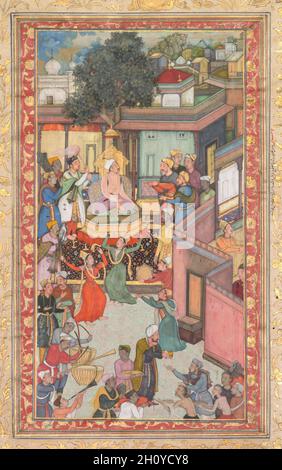 Cerimonia di circoncisione per i figli di Akbar, dipinto 126 da un Akbar-nama (Libro di Akbar) di Abu’l Fazl (indiano, 1551–1602), c.. 1602–3. Attribuito a Dharam Das (indiano, attivo c.. 1580–1605). Tempera gengivale, inchiostro e oro su carta; immagine: 22.9 x 12.1 cm (9 x 4 3/4 pollici); foglio con bordo: 34.7 x 22.5 cm (13 11/16 x 8 7/8 pollici). Questa pagina è da una copia della biografia di Akbar che è stata completata non molto prima della sua morte nel 1605. Lo raffigura molto più giovane, durante i festeggiamenti tenuti il 22 ottobre 1573, nella sua capitale di recente costruzione di Fatehpur Sikri, vicino Agra, in occasione della circoncisione Foto Stock