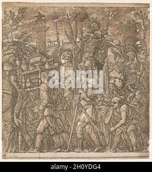 Il Trionfo di Giulio Cesare: Soldati che trasportano vasi e trofei di guerra, 1593-99. Andrea Andreani (italiano, circa 1558-1610), dopo Andrea Mantegna (italiano, 1431-1506). Taglio del legno di chiaroscuro; commissionato dal duca Vincenzo Gonzaga, questa serie di taglio del legno di chiaroscuro riproduce il Trionfo di Giulio Cesare di Andrea Mantegna, dipinto un secolo prima. Le scene raffigurano in modo fantasioso la processione trionfale del famoso generale romano e del console Giulio Cesare, in seguito alla sconfitta di Gallia avvenuta nel 52 a.C.. Ogni sezione del fregio continuo mostra elementi tipici di queste parate, la santio Foto Stock