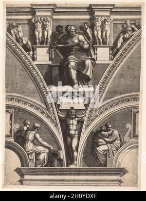 Sei Profeti e Sibille: Il profeta Gioele, primi anni del 1570. Giorgio Ghisi (italiano, 1520-1582), dopo Michelangelo Buonarroti (italiano, 1475-1564). Incisione; foglio: 55.9 x 41.5 cm (22 x 16 5/16 poll.); supporto secondario: 57.7 x 42.9 cm (22 11/16 x 16 7/8 poll.). Durante il 1500 il soffitto della Cappella Sistina di Michelangelo era raramente aperto al pubblico e quindi per la maggior parte inaccessibile. Gli artisti, tuttavia, erano generalmente autorizzati a visitare la cappella per studiare e fare disegni dai dipinti. Giorgio Ghisi lo fece nel 1540 e creò incisioni di sei profeti e sibille della cappella. Il suo Prop Foto Stock