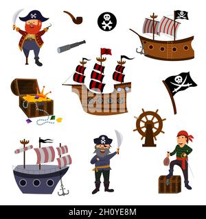 una serie di affascinanti pirati, una nave a vela, una cassa del tesoro. Illustrazione vettoriale per bambini in stile cartoon piatto Illustrazione Vettoriale