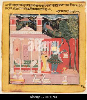 Una donna scopa via in attesa del suo amante: Gunakali Ragini di Malkos, dal “Chawand Ragamala”, 1605. India nordoccidentale, Rajasthan, Rajput Regno di Mewar, Chawand. Tempera gengivale e inchiostro su carta; 20.6 x 18.1 cm (8 1/8 x 7 1/8 pollici). Su una terrazza all'esterno di una camera da letto aperta, una donna con pelle scura che indossa una gonna di piume di pavone pucks foglie da un albero e ha riempito il suo cesto di fiori. Ha fatto le ghirlande e le ha appese sugli alberi, probabilmente in accordo con un voto fatto nella speranza ardente di riportare il suo amante in ritardo. Secondo il verso, due pavoni stanno p Foto Stock