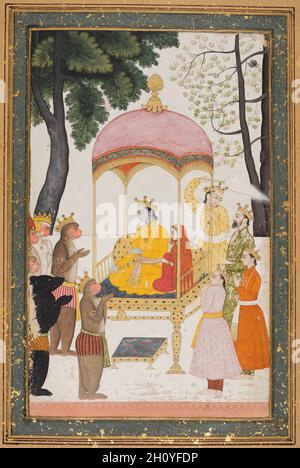 Rama e Sita, intronati, ricevono omaggio dai loro alleati scimmia e orso, c.. 1765. India del nord, Himachal Pradesh, regno Pahari di Nurpur. Tempera gengivale e oro su carta; pagina: 40.7 x 28.9 cm (16 x 11 3/8 pollici); immagine: 23.7 x 14.9 cm (9 5/16 x 5 7/8 pollici). Questa scena è ambientato alla fine dell'epica indù Ramayana, dopo il ritorno di Rama da 14 anni di esilio nella foresta. Durante il periodo dell’esilio di Rama, Ravana rapì la moglie Sita di Rama. Rama radunò un esercito di scimmie e orsi e salvò Sita. I capi della scimmia e gli eserciti dell'orso pagano il loro rispetto alla coppia reale riunita. Foto Stock