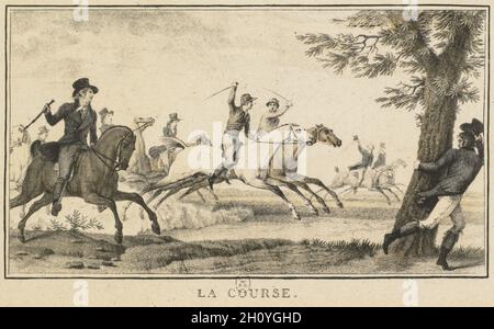 Racing Scene: la gara (Scènes Hippiques: La corso). Carle Vernet (Francese, 1758-1836), rotocalcografia en noir a l'aquatinte par Jazet, pubblicato da Jazet e Aumont. Litografia; foglio: 9,1 x 14,1 cm (3 9/16 x 5 9/16 in.); Immagine: 6,6 x 10,9 cm (2 5/8 x 4 5/16 in.). Foto Stock