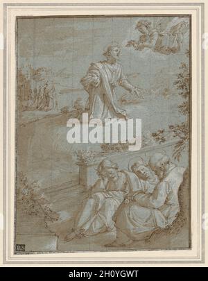 L'agonia nel giardino , c. 1591. Santi di Tito (Italiano, 1536-1602). Penna e inchiostro marrone, marrone lavaggio, intensificato con gouache bianco con tracce di gesso nero sulla collina sopra le scale, squadrati in gesso nero su carta blu; all'interno di inchiostro marrone linee di framing. Foderata con crema carta intessuta; foglio: 20,2 x 15,1 cm (7 15/16 x 5 15/16 in.). Foto Stock