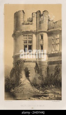 Architettura e pittoresco monumenti ou des XVeme. Et XVIeme. Siecles: Chateaux de France des XV et XVI siecles: Pl. 99, Ancien Château de Belin (Sarthe), 1860. Victor Petit (Francese, 1817-1874), Charles Boivin (editore e editor); Lith de Godard a Parigi (stampante). Litografia con tonalità di pietra, dal portafoglio di 100 litografie con tonalità pietra; foglio: 35,7 x 27,2 cm (14 1/16 x 10 11/16 in.); immagine: 23,6 x 14 cm (9 5/16 x 5 1/2 in.). Foto Stock