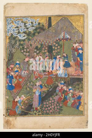 Accoglienza reale in un paesaggio, a destra dal doppio frontespizio di uno Shahnama (Libro dei Re) di Firdausi (Persiano, circa 940–1019 o 1025) (verso), 1444. Iran, Shiraz, periodo Timurid (1370-1501). Acquerello opaco, oro e argento su carta; immagine: 26.3 x 20.7 cm (10 3/8 x 8 1/8 poll.); totale: 32.5 x 22.1 cm (12 13/16 x 8 11/16 poll.). Il dipinto sul verso di questo foglio è la prima metà di un frontespizio di doppia pagina ora staccato da un manoscritto Shah-nama (vedi CMA 1956.10 per la seconda metà del frontespizio). La scena non illustra una narrazione dello Shah-nama, ma Foto Stock