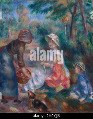 Il venditore Apple, c.. 1890. Pierre-Auguste Renoir (francese, 1841-1919). Olio su tessuto; telaio: 93 x 82.2 x 9.5 cm (36 5/8 x 32 3/8 x 3 3/4 pollici); senza telaio: 65.8 x 54.5 cm (25 7/8 x 21 7/16 pollici). Questo dipinto raffigura una giovane ragazza di campagna che offre mele alla moglie di Renoir, Aline. Il ragazzo nel cappello di paglia può essere il nipote dell'artista, Edmond, ma la giovane ragazza con il nastro nei suoi capelli non è stato identificato. Bagnata da luce solare soffusa e soffusa, le figure sono unite attraverso le pennellate fluide che coprono la tela. Il cane che salpava fornisce un accento di umorismo e movimento in un altrimenti tranquillo Foto Stock