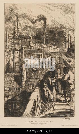 Gazette des Beaux-Arts: Le Quartier des Gobelins, 1889. Auguste Louis Lepère (francese, 1849-1918). Incisione su carta disteso; foglio: 28 x 17.9 cm (11 x 7 1/16 poll.). Foto Stock