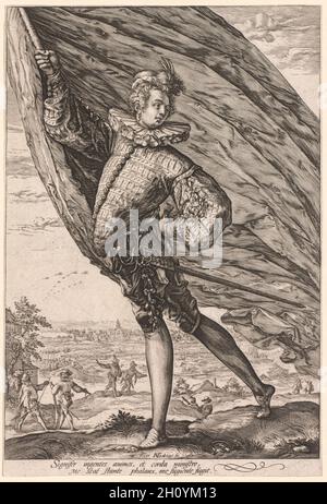 La portante standard, girata a sinistra, 1587. Hendrick Goltzius (olandese, 1558–1617). Incisione; foglio: 27.9 x 18.9 cm (11 x 7 7/16 pollici); immagine: 26.8 x 18.7 cm (10 9/16 x 7 3/8 pollici). Intorno al 1587 Goltzius disegnò disegni per 12 stampe raffiguranti ufficiali e soldati in ambientazioni paesaggistiche, che furono incise dal suo allievo Jacques de Gheyn II. Lo stesso Goltzius ha inciso una relativa coppia di stampe, il Capitano di Fanteria e il portatore del Grande Standard. Figura centrale nell'esercito e nella guardia civica, il portatore standard segnò la posizione del capitano. In questo periodo, i Paesi Bassi cercavano di estromessi Foto Stock