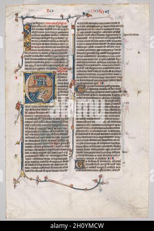 Foglia singola da una Bibbia: E[t factum est] iniziale con Giona inghiottito dalla Balena, c. 1290. Francia, Parigi, XIII secolo. Inchiostro, tempera e oro su pergamena; foglio: 26.7 x 40.3 cm (10 1/2 x 15 7/8 poll.). Questa foglia e il bifolio (doppia foglia) visualizzati a destra provengono entrambi dallo stesso manoscritto: Una grande Bibbia leggeriale. Lo schema decorativo consiste in un unico tendrillo istoriato iniziale e spiky a foglia d'edera lungo i margini, una convenzione parigina che si è appena sviluppata in questo momento. Questi 'ascendenti' e 'discendenti' provengono da due sigle e si snodano lungo i margini come separatori Foto Stock