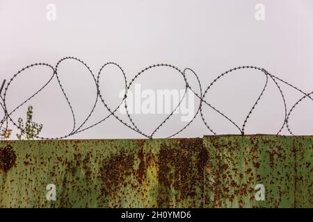 recinzione in lamiera arrugginita piatta con vernice verde pelata e filo spinato sopra di essa Foto Stock